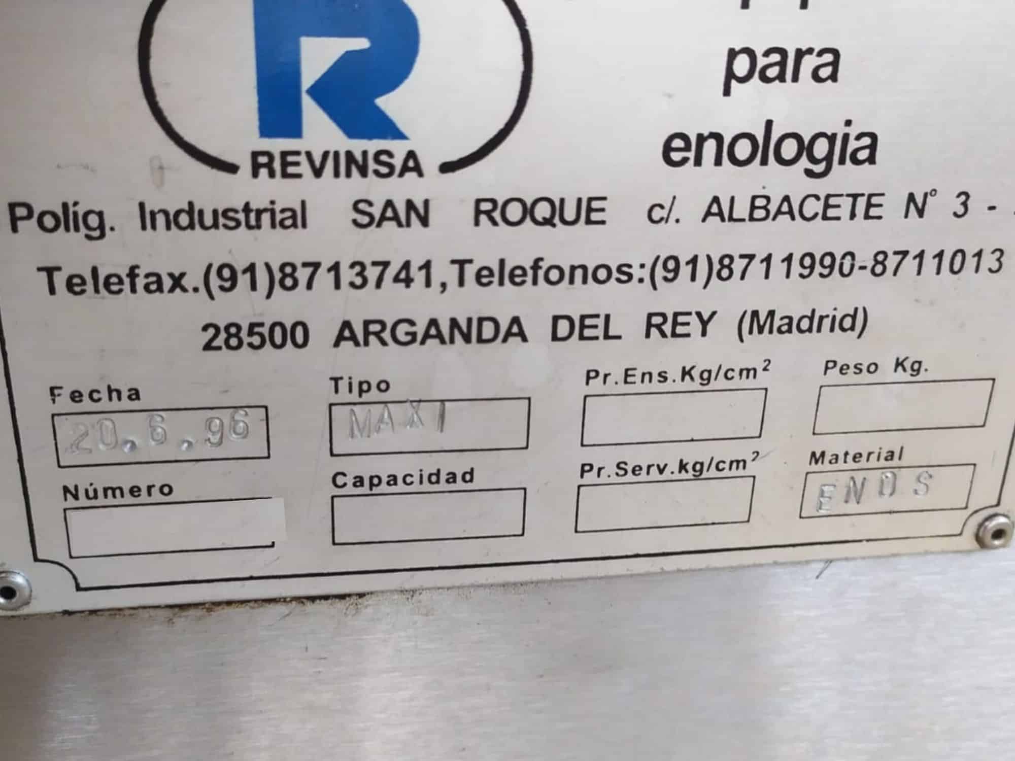 Typenschild der Revinsa Abfüllanlage für Einwegglasflaschen
